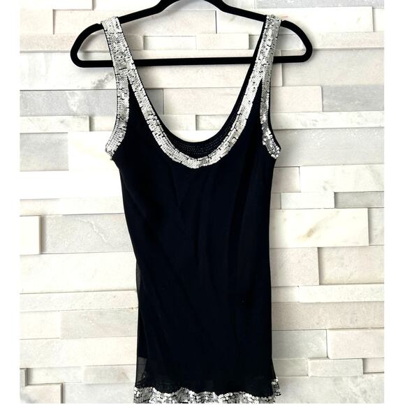 AQUA BLOOMINGDALE'S Matte Silver Sequin Trimmed Mesh Semi-sheer Black Tank M - Picture 2 of 5
